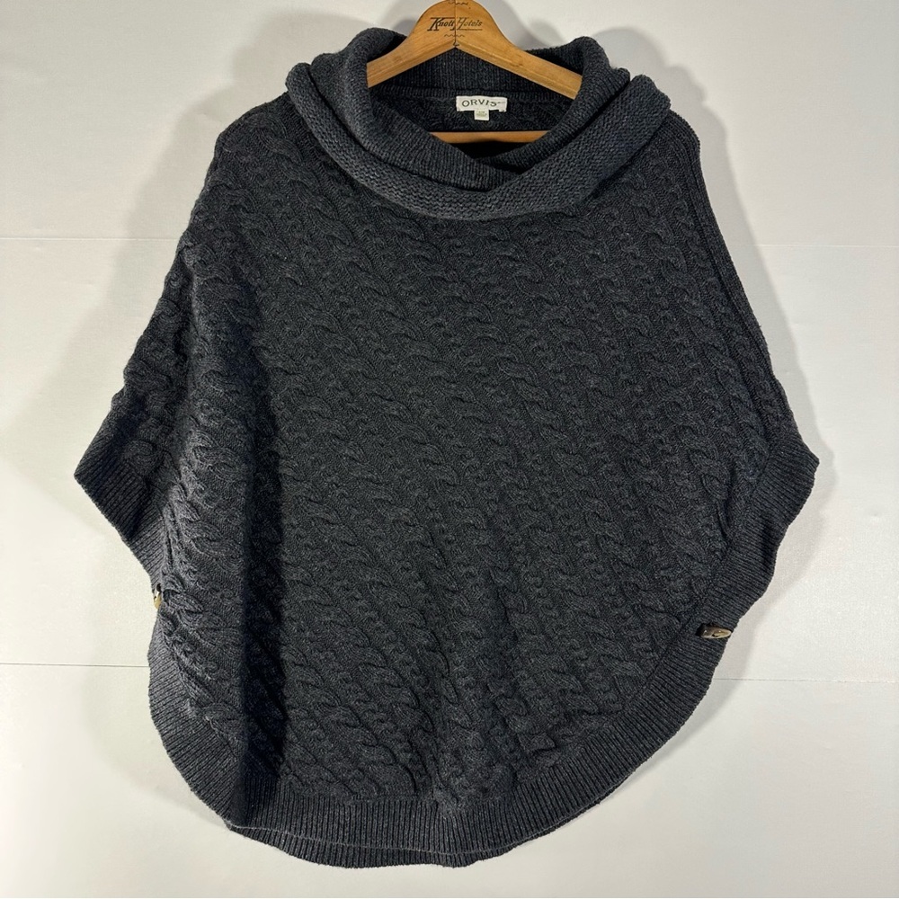 Orvis Wool Cotton Blend Dark Gray Chunky Cowl Neck Cable Knit Poncho